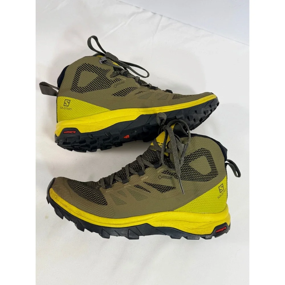 Salomon OutLine Mid GTX Hiking Boots Olive Green Yellow Gore-Tex 406793 Mens 7